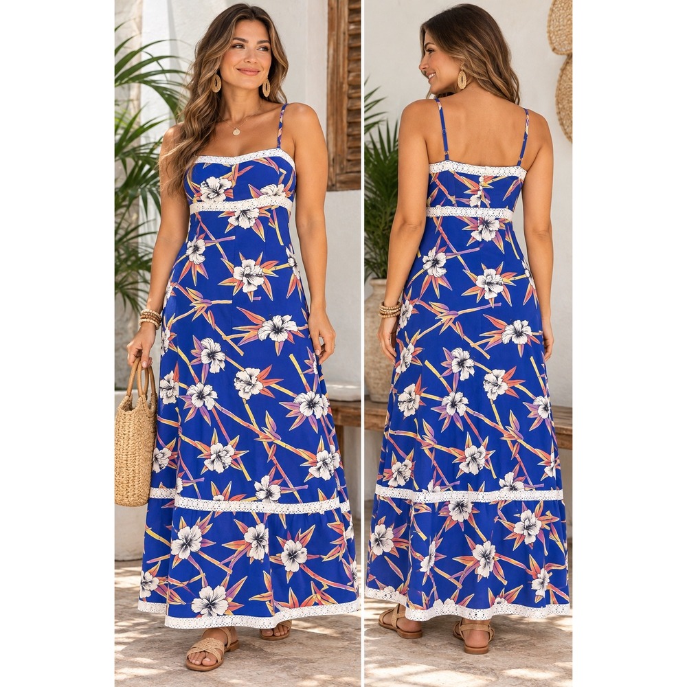 ROXY NWT Balmy Sunset Maxi Dress Blue Floral Lace Trim Size L